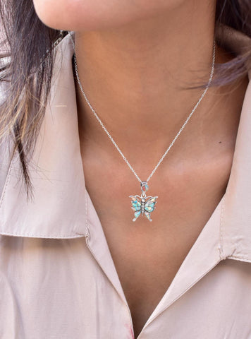 Handmade Aurora Opal & 925 Sterling Silver Butterfly Pendant with 18 inch Adjustable Chain