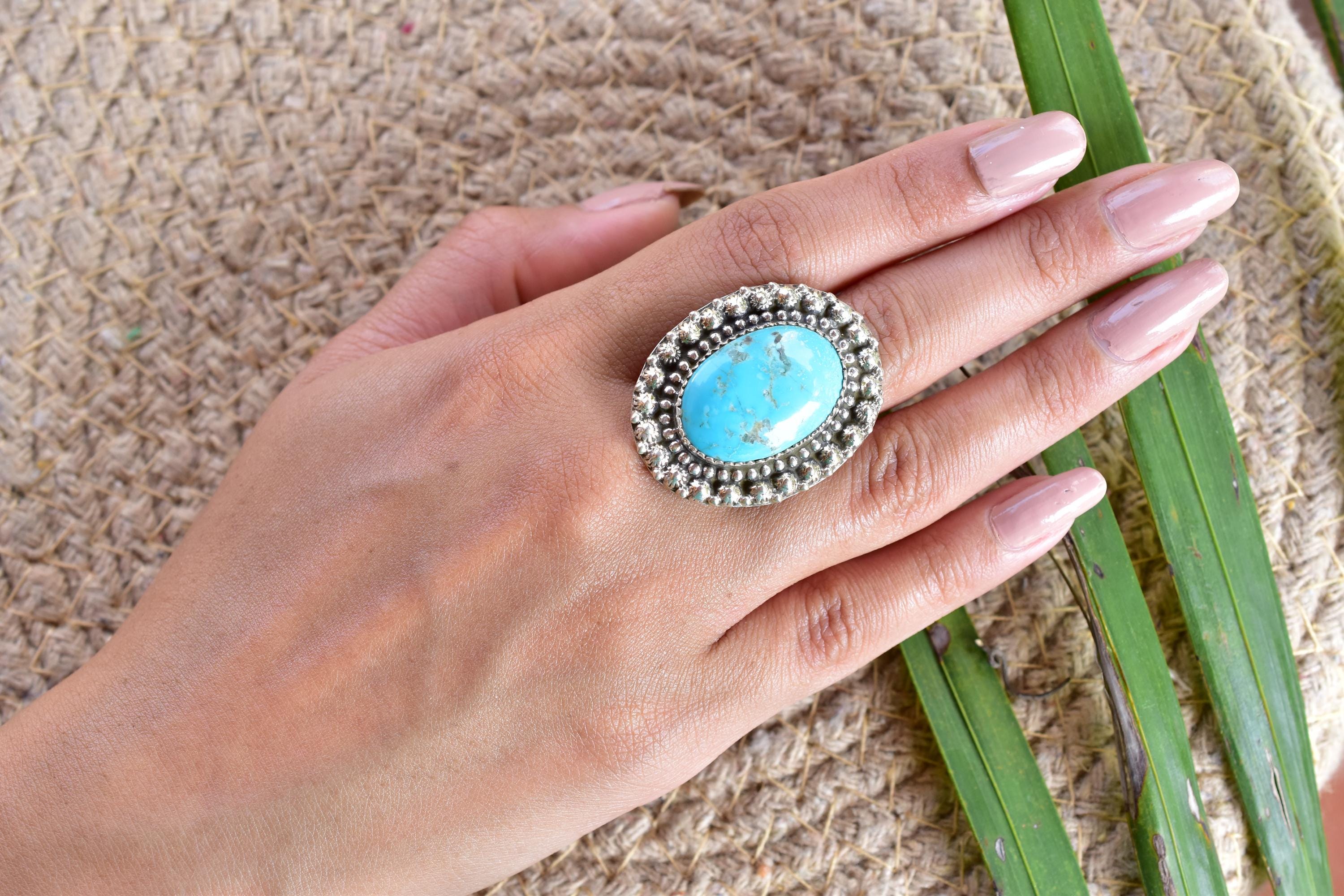 Handmade Turquoise & 925 Sterling Silver Adjustable Ring, Statement Ring for Women