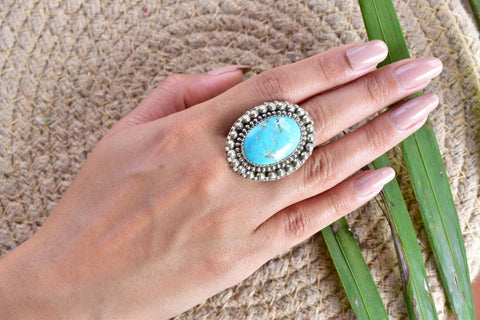 Handmade Turquoise & 925 Sterling Silver Adjustable Ring, Statement Ring for Women