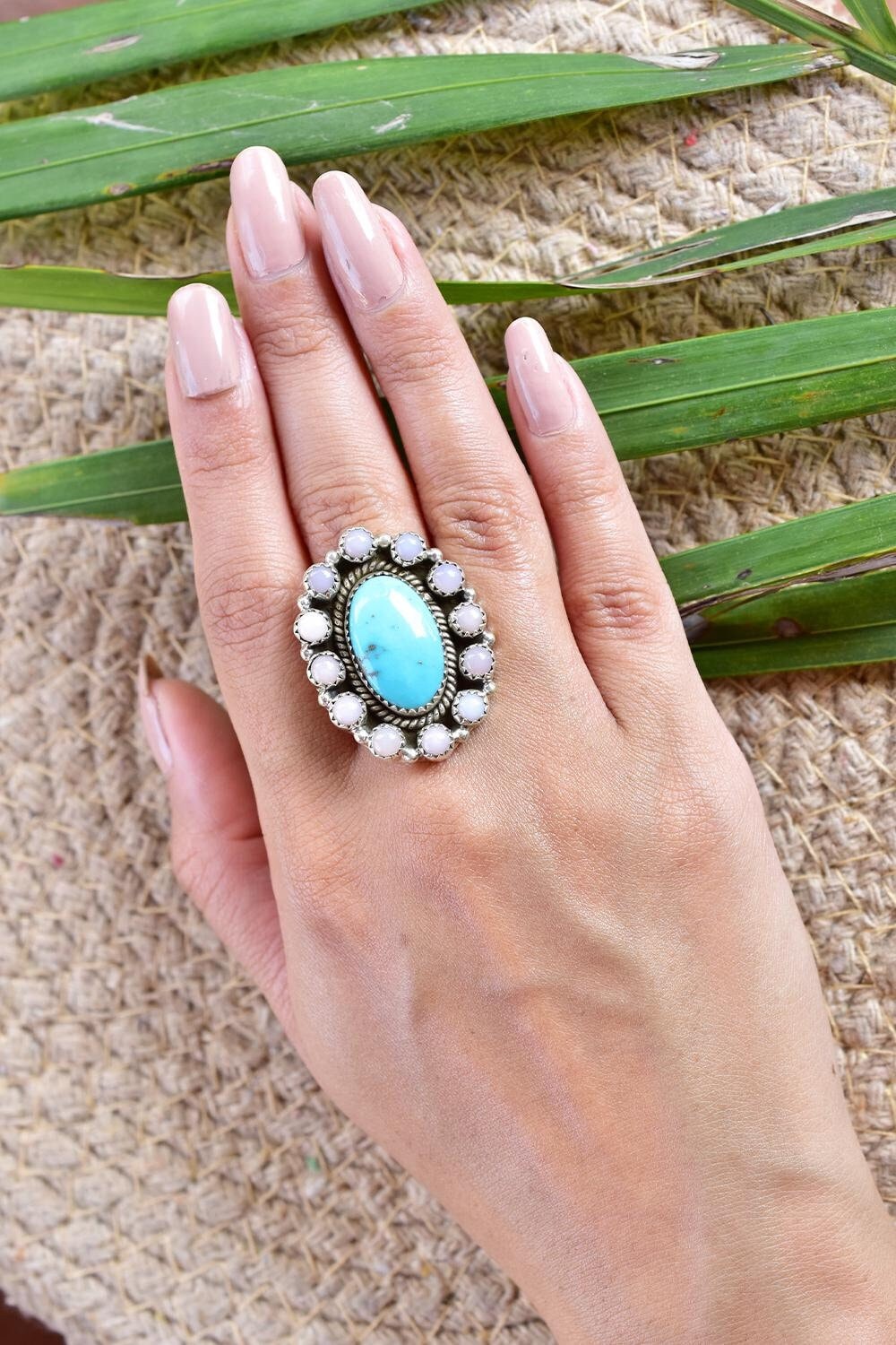 Handmade Pink Opal & Sterling Silver Adjustable Ring, Turquoise Statement Ring for Women