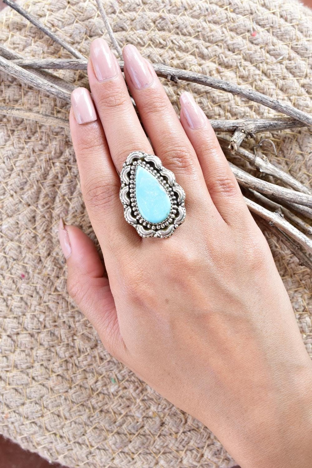 Handmade Turquoise & 925 Sterling Silver Adjustable Ring, Statement Ring for Women