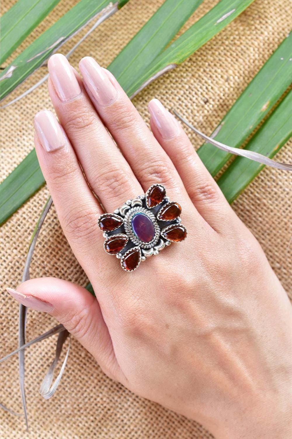 Handmade Amber & Sterling Silver Adjustable Ring