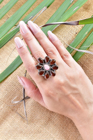 Handmade Amber & Sterling Silver Adjustable Ring, Pink Aurora Opal Cluster Ring for Women