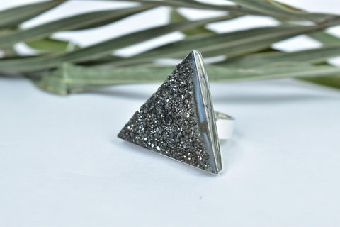 Handmade Black Druze & Sterling Silver Adjustable Ring, Triangle Statement Ring for Women