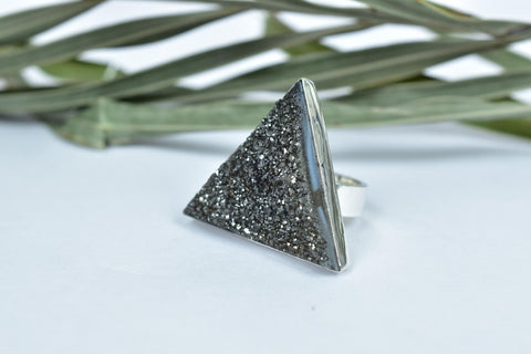 Handmade Black Druze & Sterling Silver Adjustable Ring