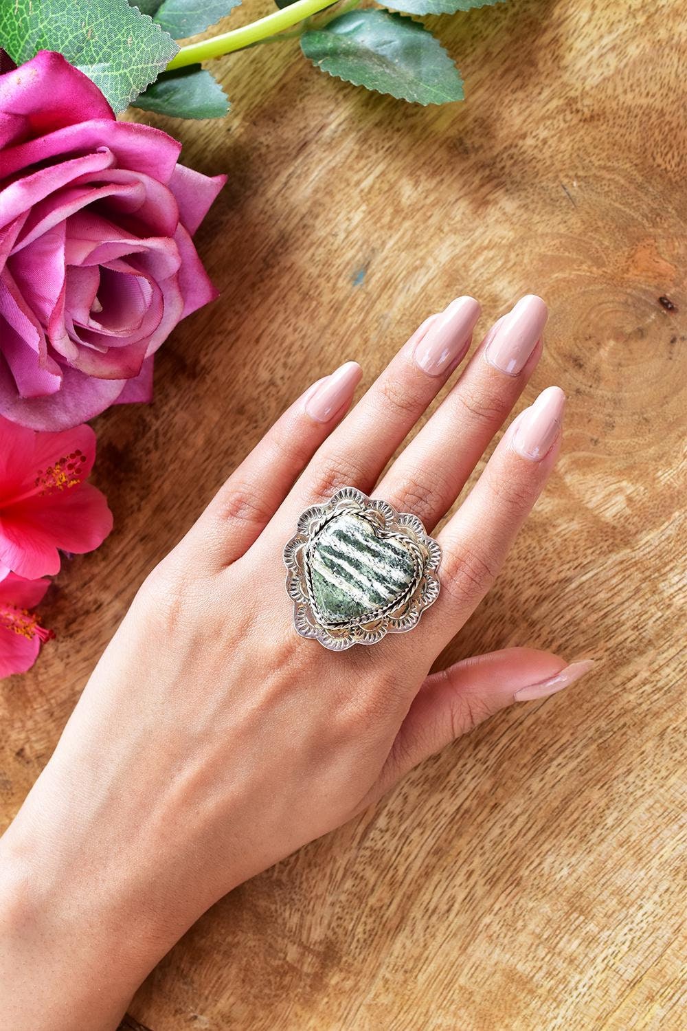 Green Zebra Jasper Heart Ring: Adjustable Sterling Silver Statement Ring