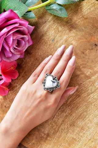 White Howlite Heart Ring: Adjustable Sterling Silver Statement Ring