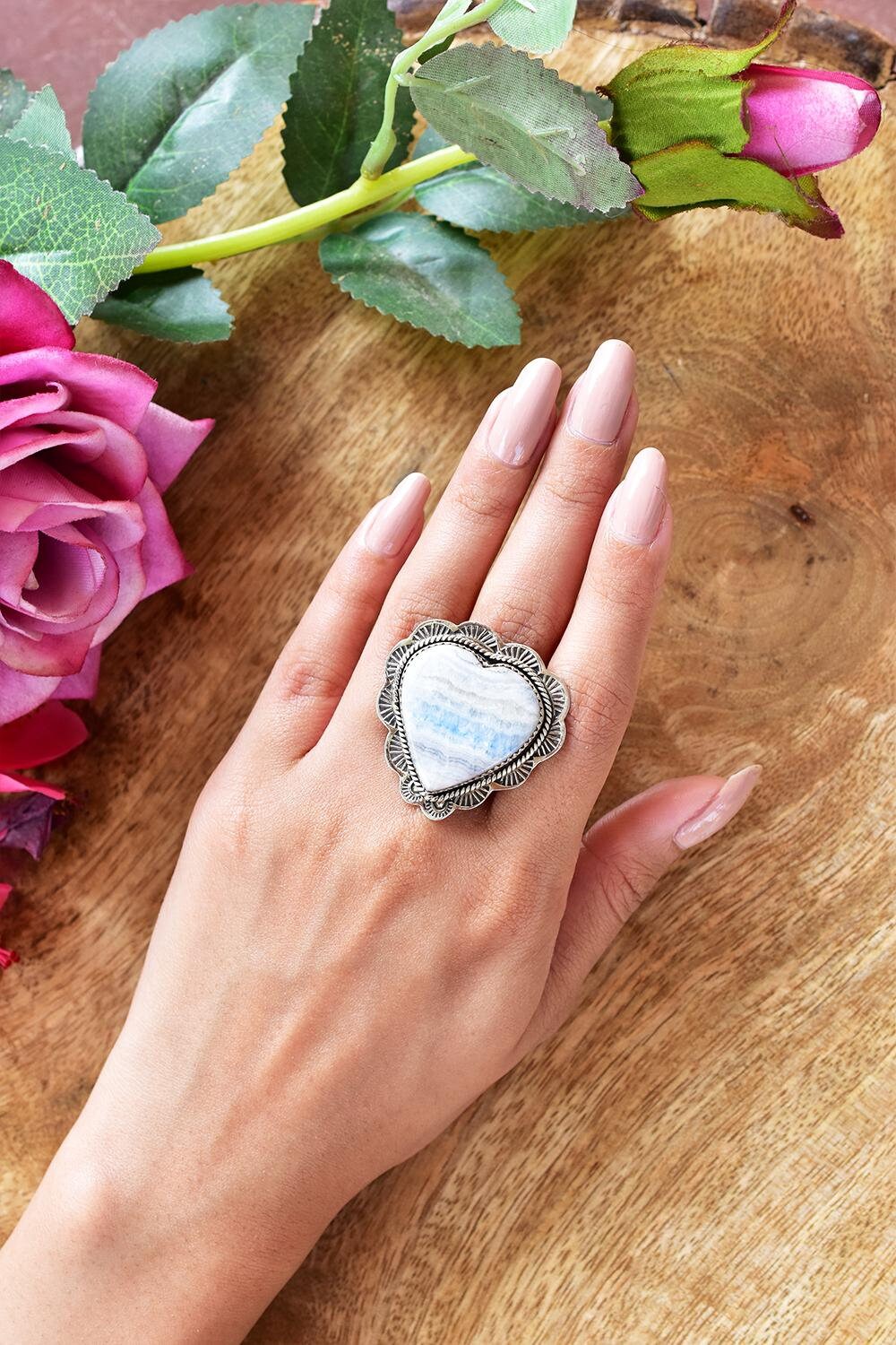 Blue Scheelite & Sterling Silver Adjustable Heart Ring