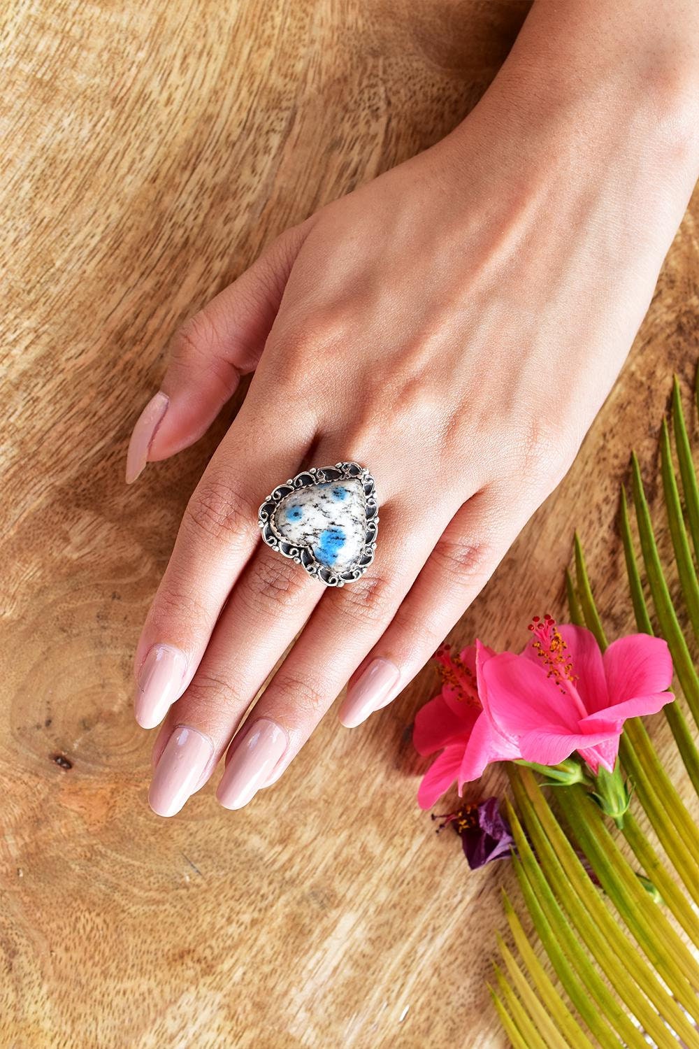 Handmade K2 Jasper Heart Ring: Adjustable Sterling Silver Statement Ring