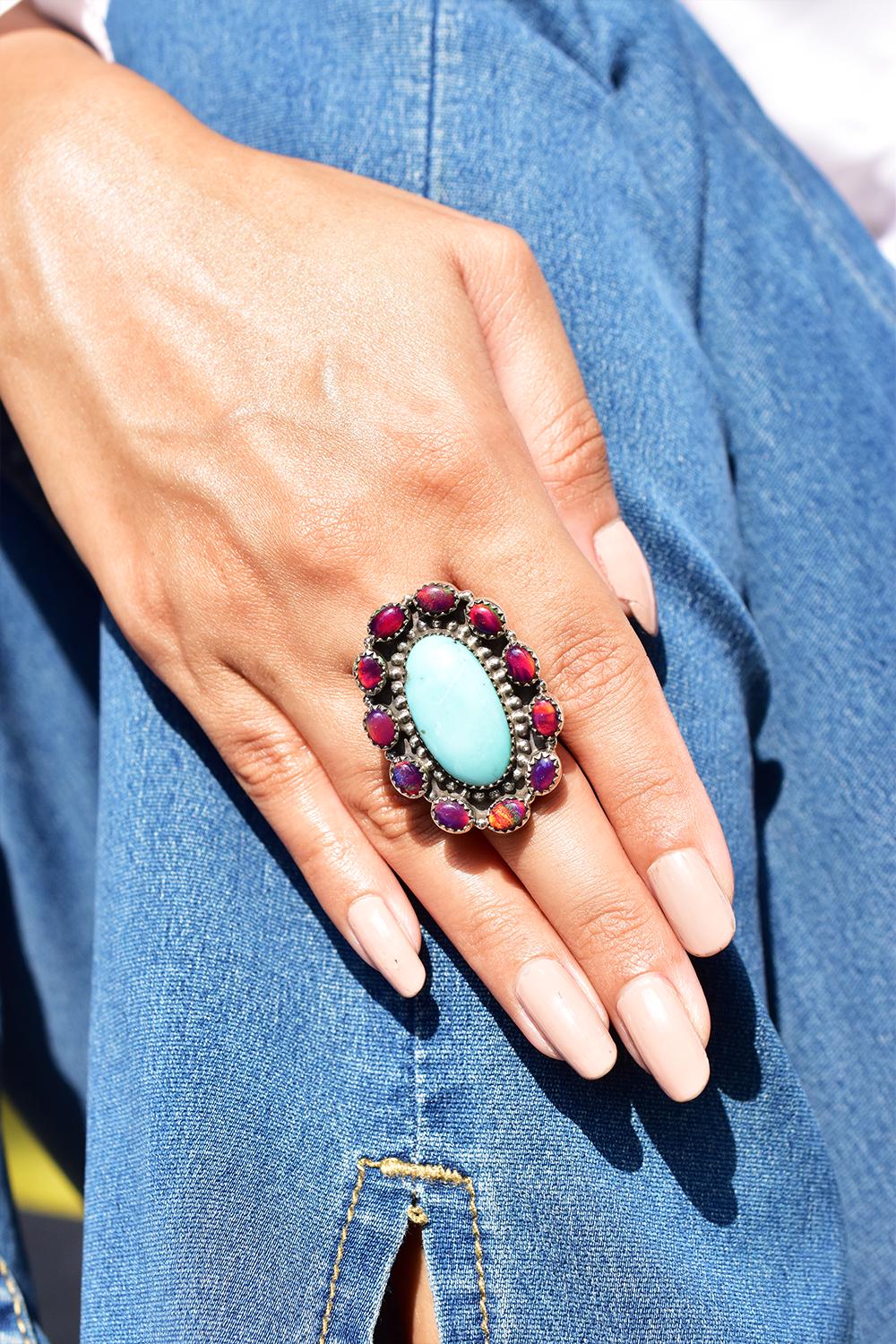 Handmade Arizona Turquoise & Sterling Silver Adjustable Ring, Aurora Opal Cluster Ring for Women