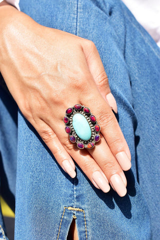 Handmade Arizona Turquoise & Sterling Silver Adjustable Ring, Aurora Opal Cluster Ring for Women