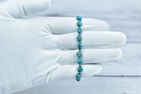 Handmade Turquoise & Sterling Silver Pearls Stretch Bracelet