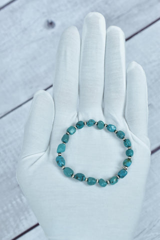 Handmade Turquoise & Sterling Silver Pearls Stretch Bracelet