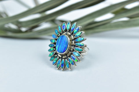 Handmade Aurora Opal & Sterling Silver Adjustable Ring, Flower Statement Ring for Women