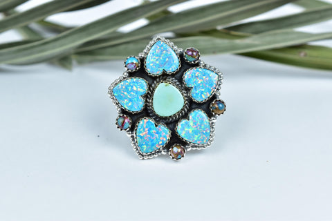 Handmade Sparkling Opal & Sterling Silver Adjustable Ring, Heart Statement Cluster Ring for Women