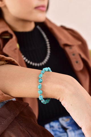 Handmade Turquoise & Sterling Silver Pearls Stretch Bracelet