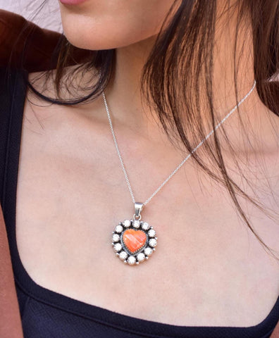 Orange Oyster Turquoise Heart Pendant, Cubic Zirconia 925 Sterling Silver Necklace
