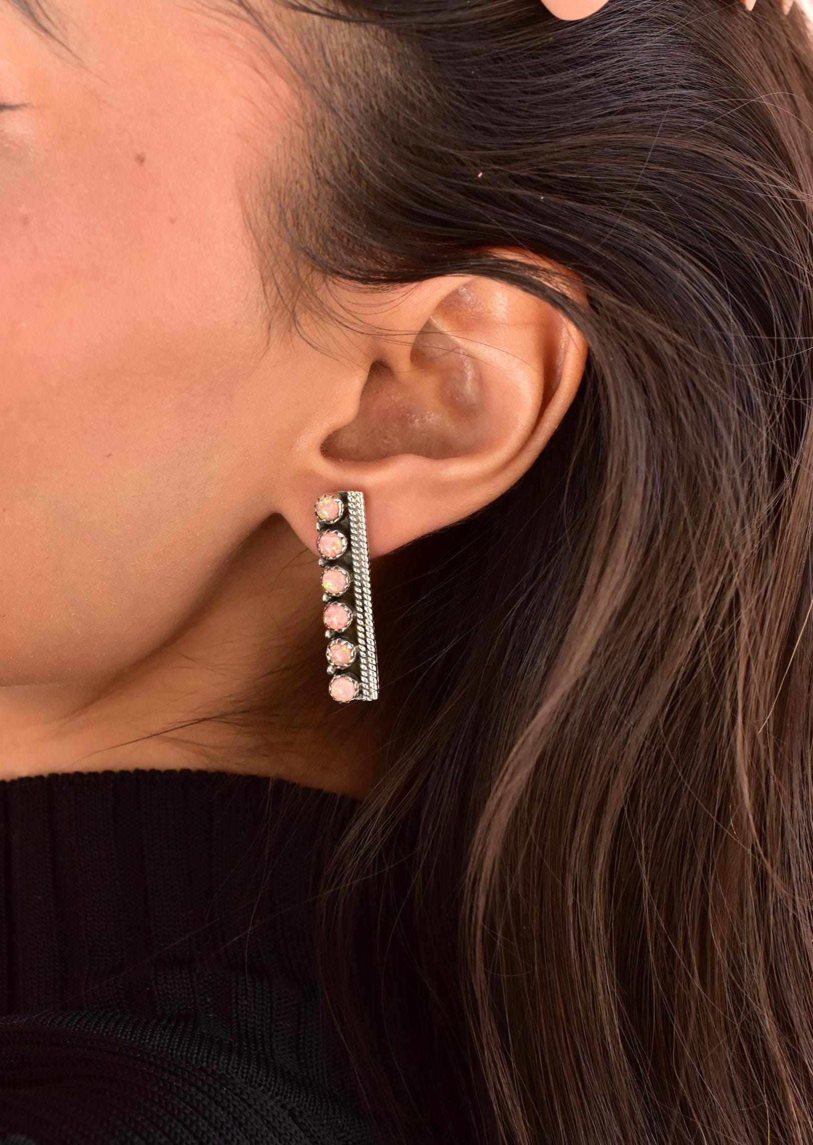 Peach Opal Bar Earring Studs: Sterling Silver Bohemian Jewelry