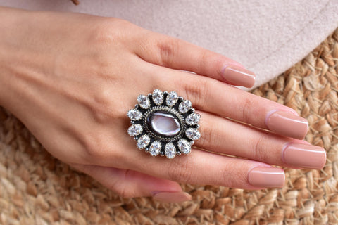 Handmade Black Shell & Sterling Silver Adjustable Ring, Cubic Zirconia Cluster Ring for Women