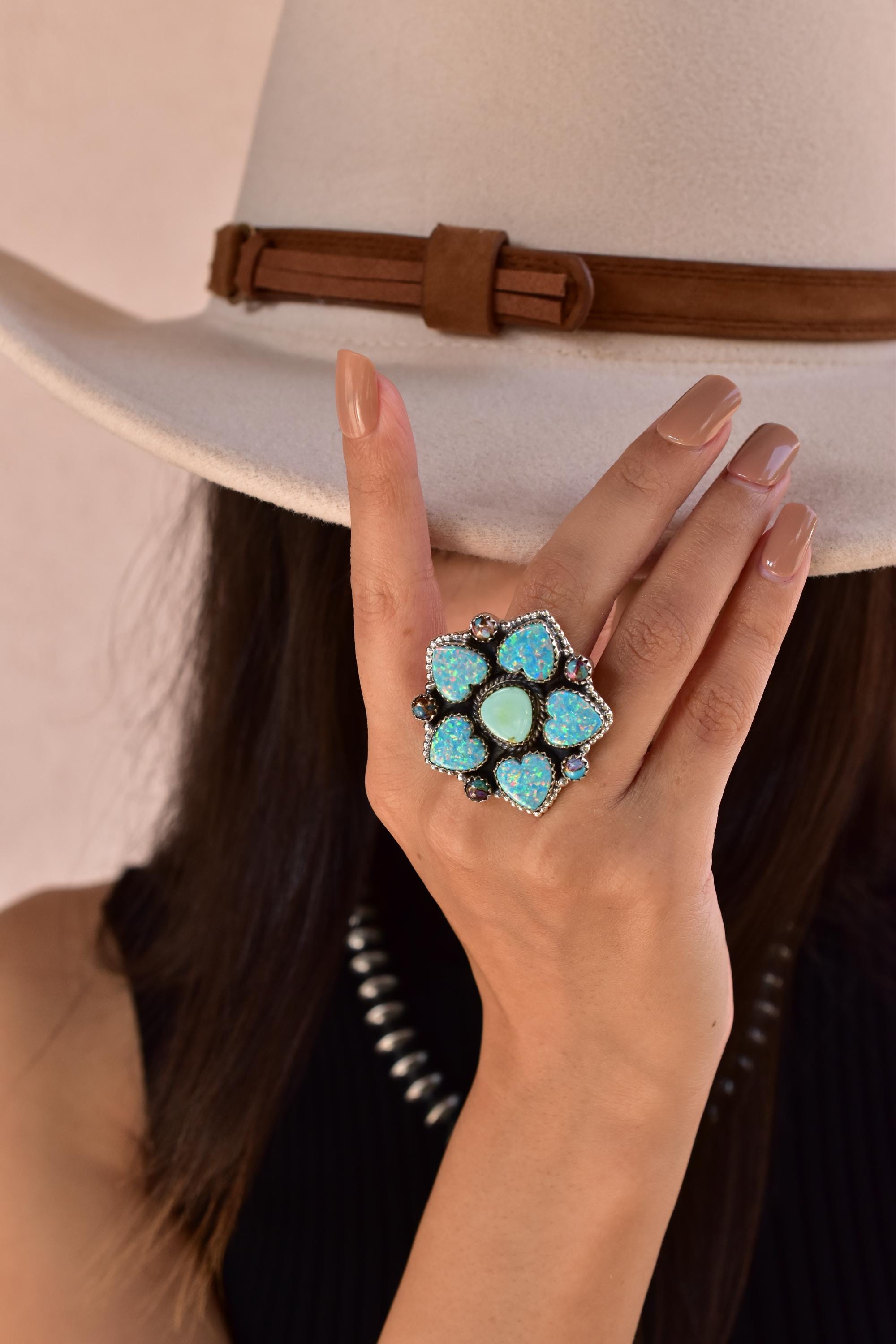 Handmade Sparkling Opal & Sterling Silver Adjustable Ring, Heart Statement Cluster Ring for Women