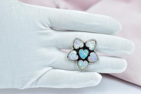 Handmade Aurora Opal & Sterling Silver Adjustable Ring, Heart Statement Ring for Women