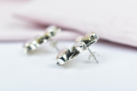Handmade Pink Opal Sterling Silver Stud Earrings with Cubic Zircon