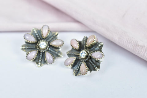 Handmade Pink Opal Sterling Silver Stud Earrings with Cubic Zircon