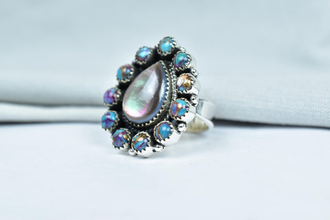 Handmade Pink Dahlia Turquoise & Sterling Silver Adjustable Ring, Black Shell Cluster Ring for Women