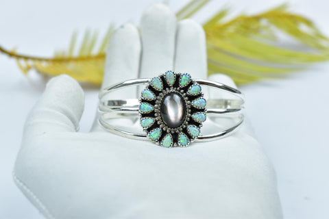 Handmade Black Shell & 925 Sterling Silver Adjustable Cuff, Aurora Opal Bangle, Size 6 Inch