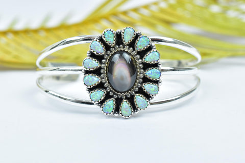 Handmade Black Shell & 925 Sterling Silver Adjustable Cuff, Aurora Opal Bangle, Size 6 Inch
