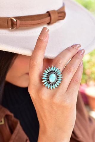Handmade Turquoise Cluster Ring in 925 Sterling Silver, Gemstone Adjustable Statement Ring for Women