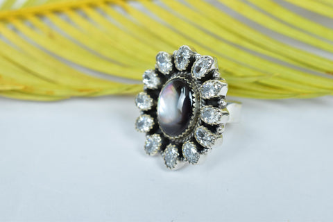 Handmade Black Shell & Sterling Silver Adjustable Ring, Cubic Zirconia Cluster Ring for Women