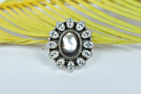 Handmade Black Shell & Sterling Silver Adjustable Ring, Cubic Zirconia Cluster Ring for Women