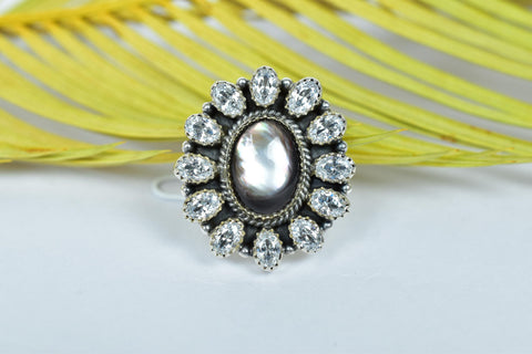 Handmade Black Shell & Sterling Silver Adjustable Ring, Cubic Zirconia Cluster Ring for Women