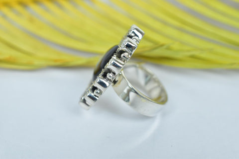 Handmade Black Shell & Sterling Silver Adjustable Ring, Cubic Zirconia Cluster Ring for Women