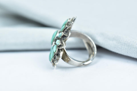 Handmade Turquoise & Sterling Silver Adjustable Ring, Flower Statement Ring for Women