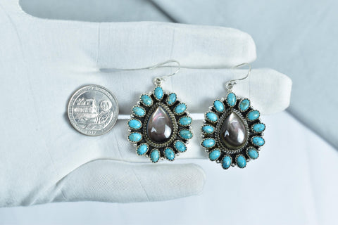 Handmade Sterling Silver Black Shell & Mojave Turquoise Dangle Earrings