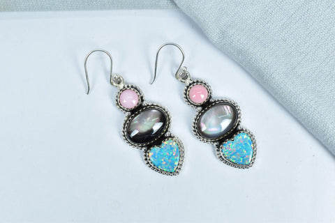 Handmade Pink Conch, Aurora Opal & Sterling Silver Earring