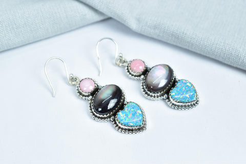 Handmade Pink Conch, Aurora Opal & Sterling Silver Earring