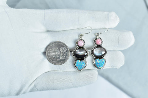 Handmade Pink Conch, Aurora Opal & Sterling Silver Earring