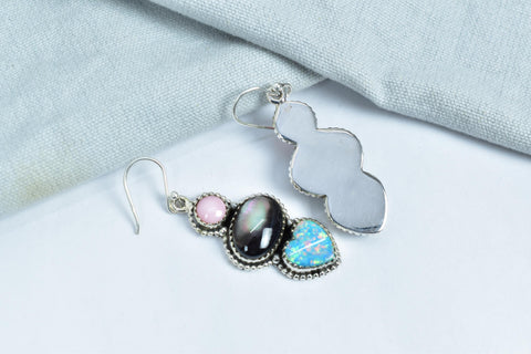 Handmade Pink Conch, Aurora Opal & Sterling Silver Earring