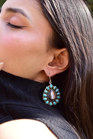 Handmade Sterling Silver Black Shell & Mojave Turquoise Dangle Earrings