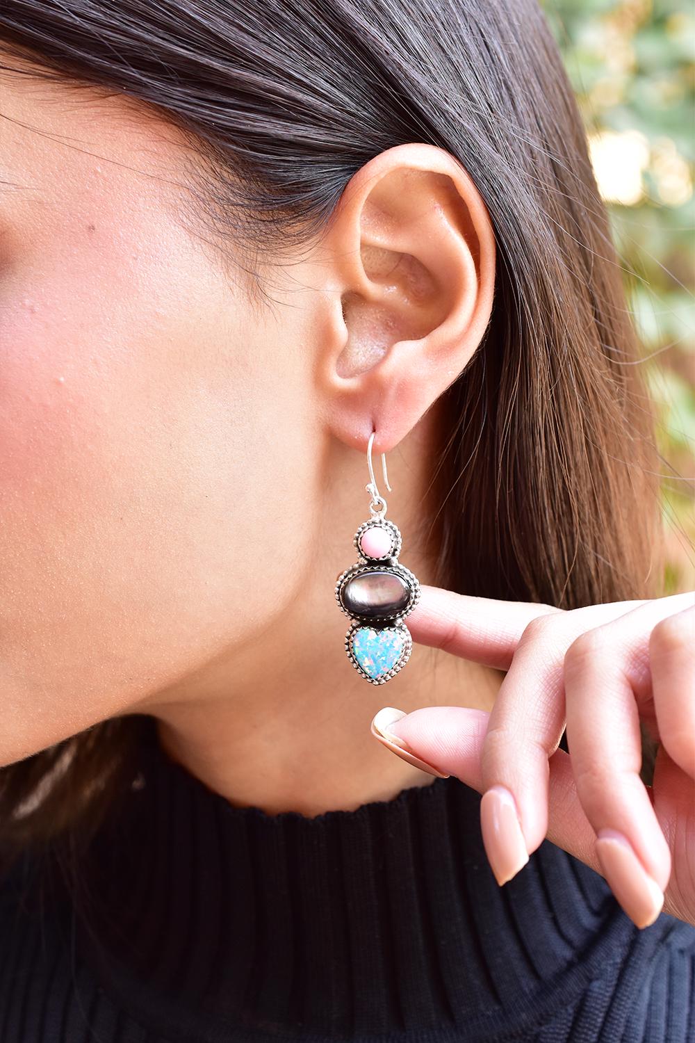 Handmade Pink Conch, Aurora Opal & Sterling Silver Earring