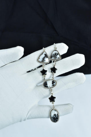 Handmade Zebra Jasper & Black Onyx 925 Sterling Silver Lariat Necklace