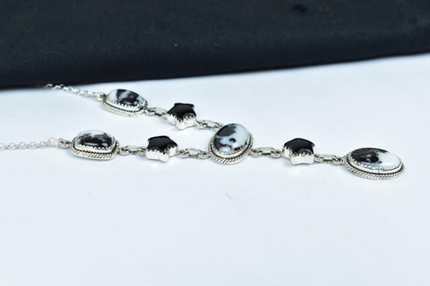 Handmade Zebra Jasper & Black Onyx 925 Sterling Silver Lariat Necklace