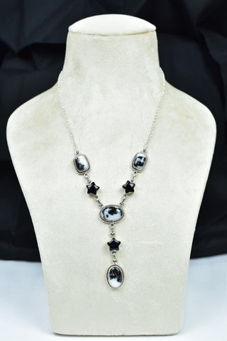 Handmade Zebra Jasper & Black Onyx 925 Sterling Silver Lariat Necklace