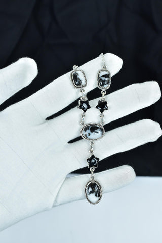 Handmade Zebra Jasper & Black Onyx 925 Sterling Silver Lariat Necklace