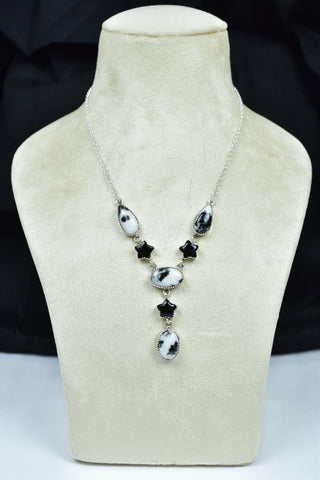 Handmade Zebra Jasper & Black Onyx 925 Sterling Silver Lariat Necklace