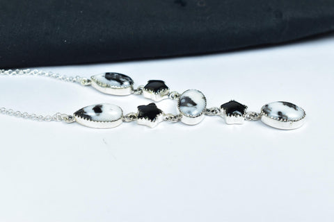 Handmade Zebra Jasper & Black Onyx 925 Sterling Silver Lariat Necklace