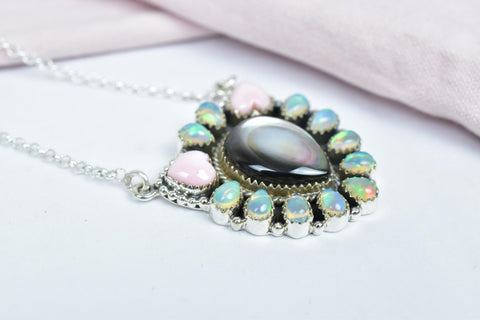 Handmade Black Shell, Ethiopian Opal & Sterling Silver Necklace